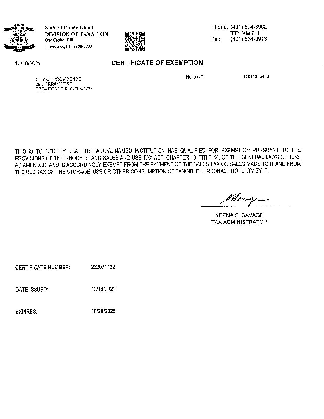 City of Providence Sales Tax Exemption Certifiate exp 10-20-2025 