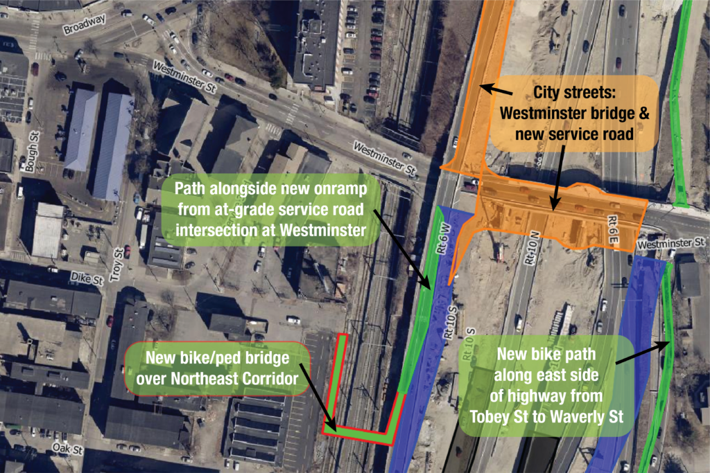 Satellite map of the new bicycle & pedestrian bridge that will connect the eastern end of Dike Street with Westminster Street, along with other improvements planned as part of the 6-10 Connector project.