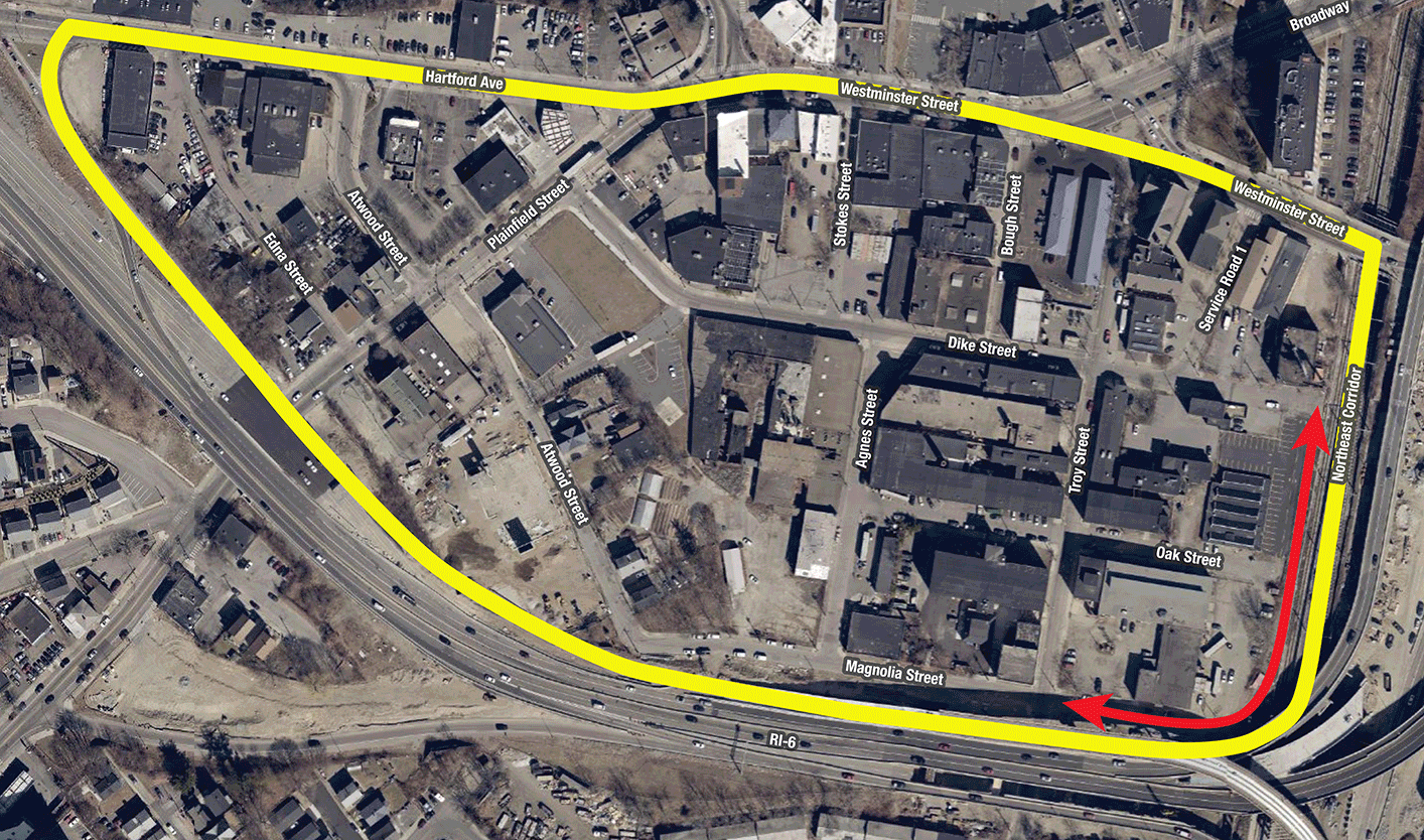 The project area of the the City’s current Dike Street Area Assessment on a 2021 satellite image, compared to a historical map from 1895 of the same area