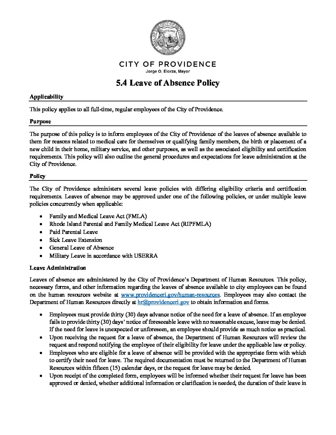 Leave Of Absence Policy