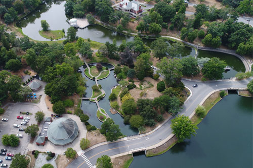 aerial photo of roger williams park - link opens to RWP maps and self-guided tours page