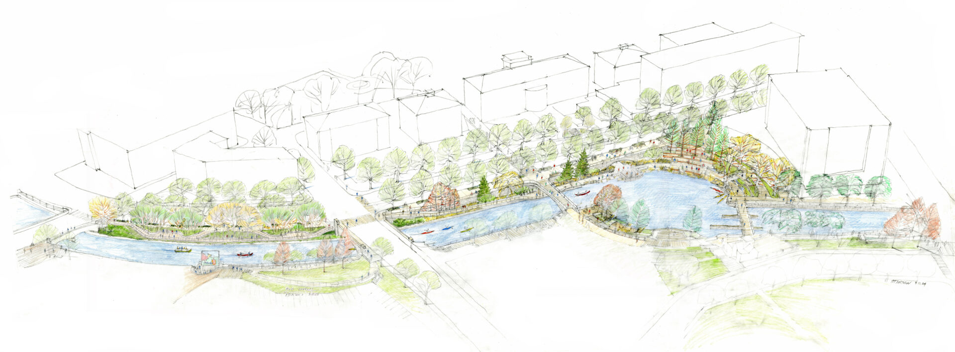 Conceptual rendering of proposed improvements to connectivity and climate resiliency of the Riverwalk and Waterplace Park