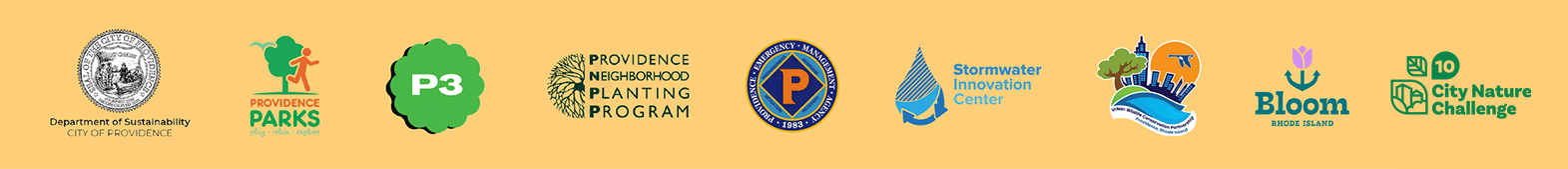 Earth April 2025 Logos - City of Providence - Providence Parks Department - P3 Logo - Providence Neighborhood Planting Program - PEMA - Stormwater Innovation Center - Urban Wildlife Conservation Project - Bloom Rhode Island - City Nature Challenge