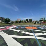 photo showing colorful basketball courts