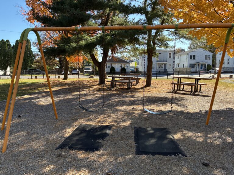 photo showing swing set and picnic tables
