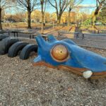 photo showing park benches and playground structures