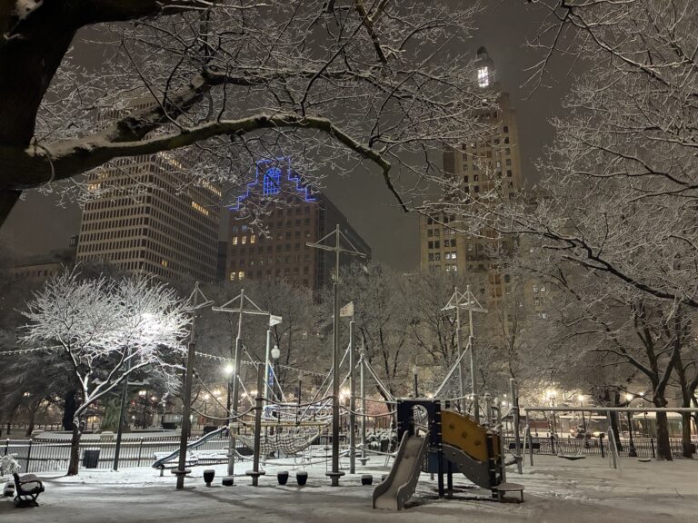 photo showing snow that had recently fallen on the playground at Burnside park at night