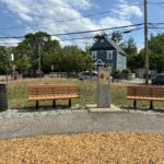 photo of a memorial and seating areas