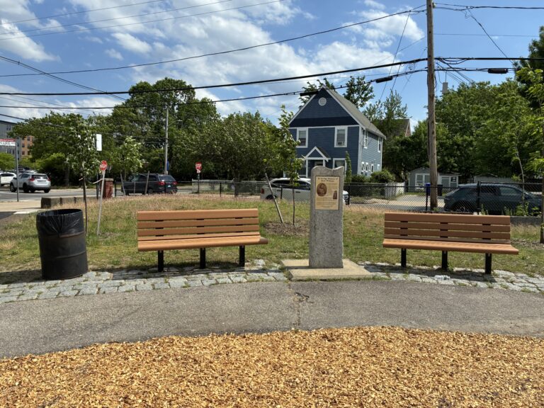photo of a memorial and seating areas
