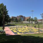 photo showing a colorful basketball court