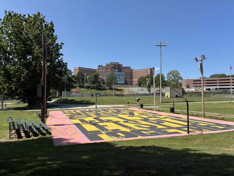 photo showing a colorful basketball court