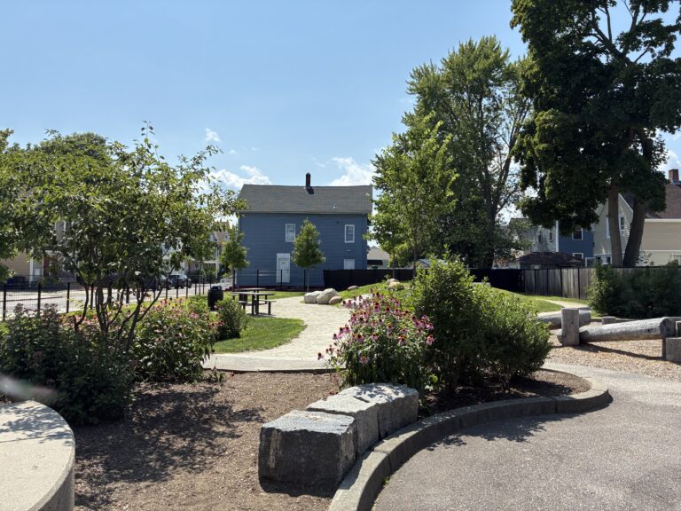 photo showing flowering bushes and winding walking paths