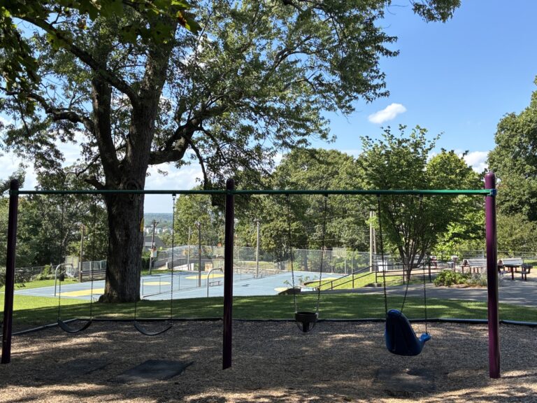 photo showing swings and basketball courts