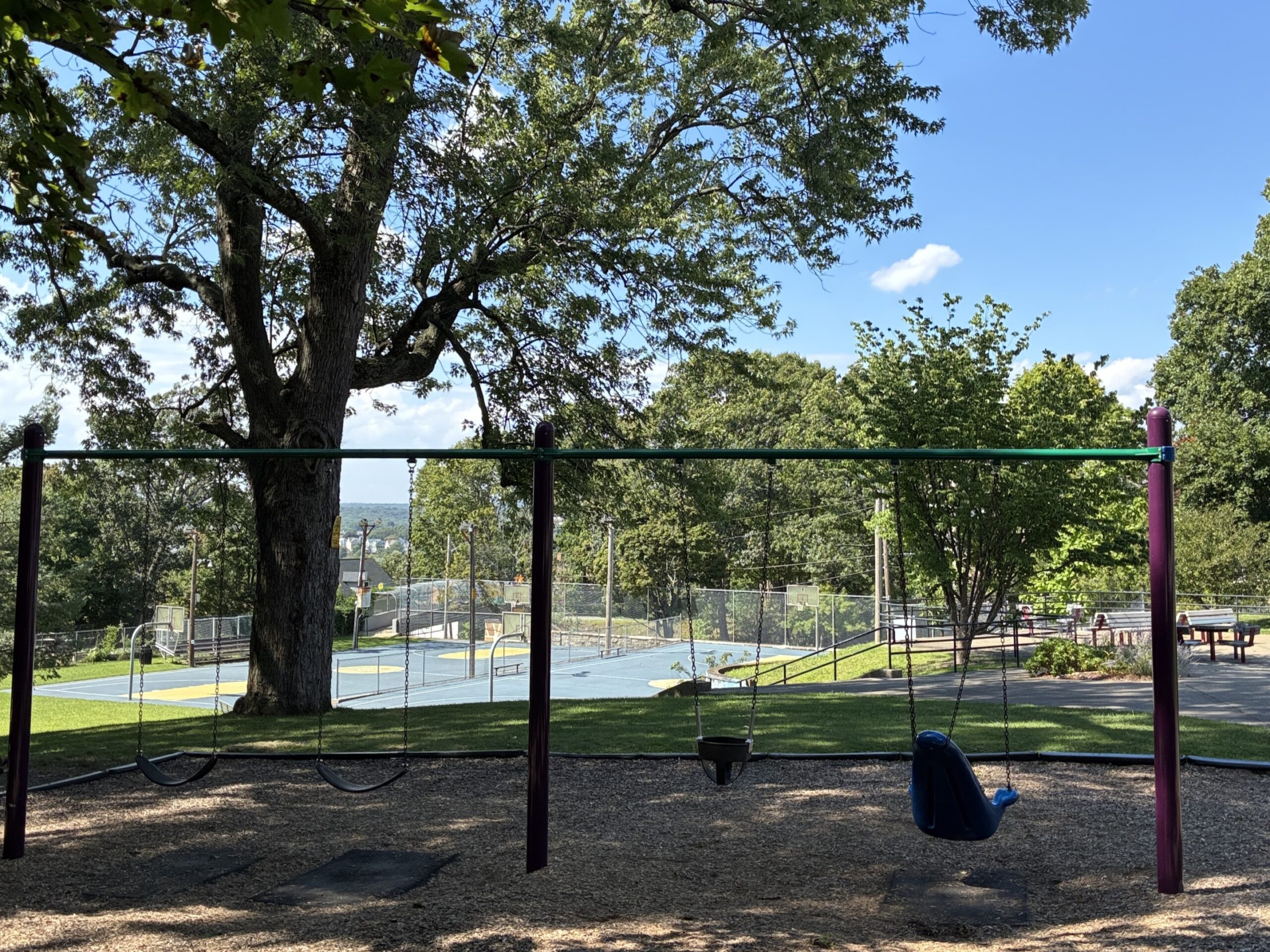 photo showing swings and basketball courts