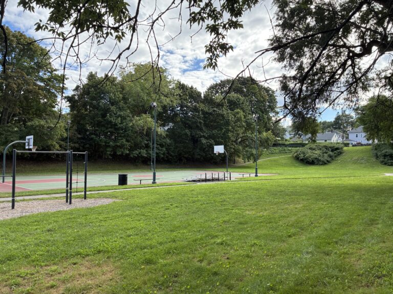 photo showing grassy fields and basketball court