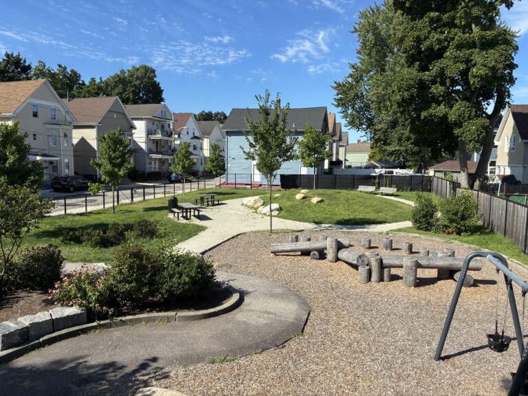 photo showing a winding walking path and playground areas
