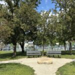 Photo showing park benches in Paul Grande Park with trees in the background