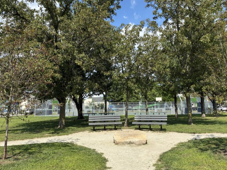 Photo showing park benches in Paul Grande Park with trees in the background