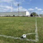 photo showing a sports field and net with wind turbines in the background