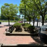 Photo showing bushes, trees, walking paths, and seating areas in a park