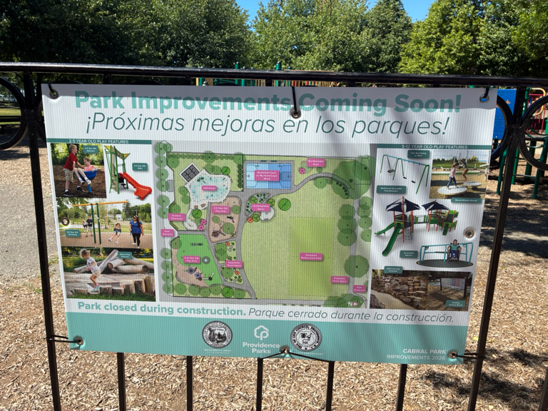 photo showing a sign that says "Park Improvements coming soon" and shows proposed changes at the park