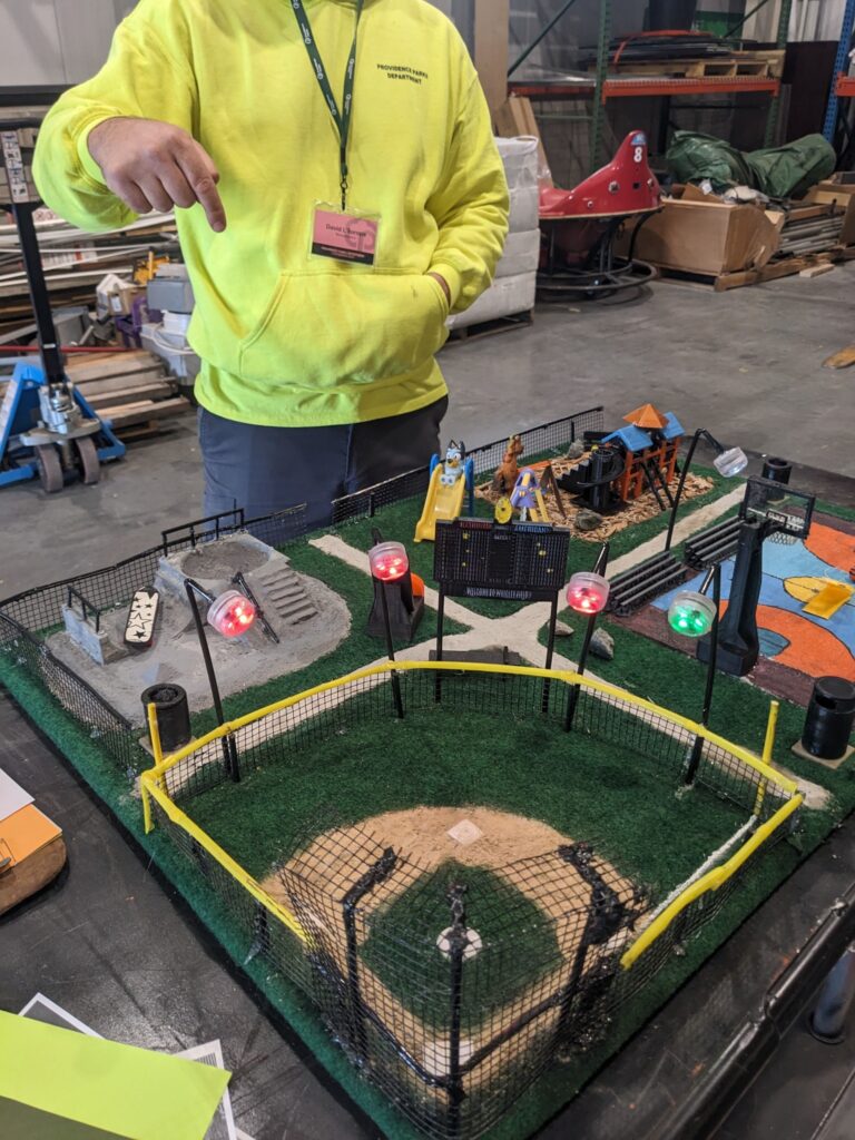 Parks crew created a model park with playground, ballfield, basketball court, and skatepark as a teaching tool