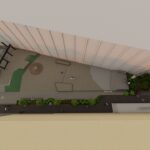 rendering of a proposed skatepark with seating areas