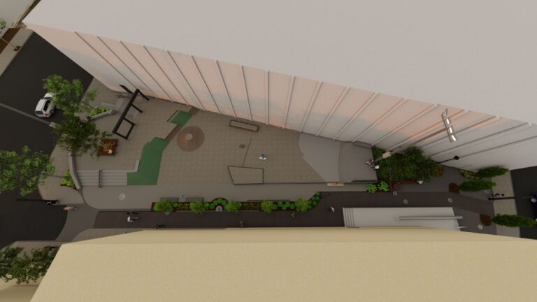 rendering of a proposed skatepark with seating areas