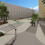 rendering of a proposed skatepark with seating areas