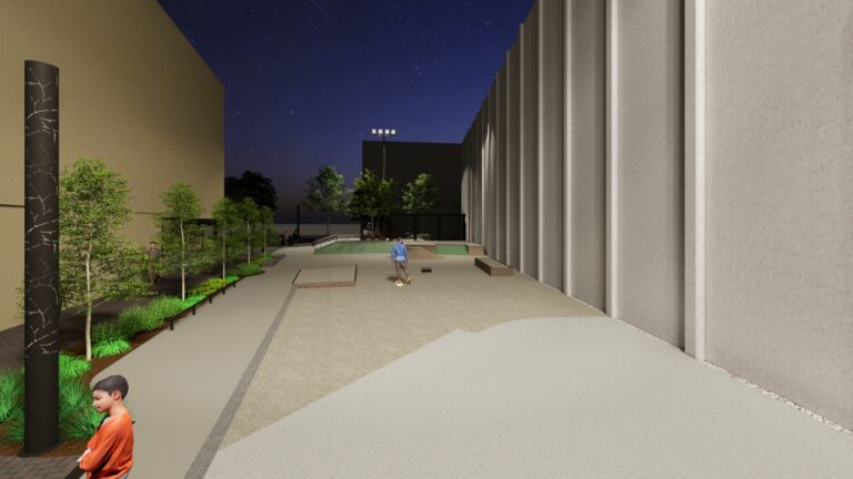 rendering of a proposed skatepark with seating areas