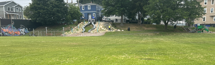 Photo showing grass field, slides, and other playground structures at Ascham Street Park