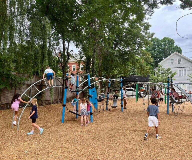 photo showing playground structures with children playing on them