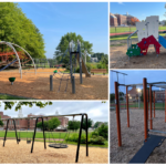A collage of photos showing the many playground structures at Brown Street Park