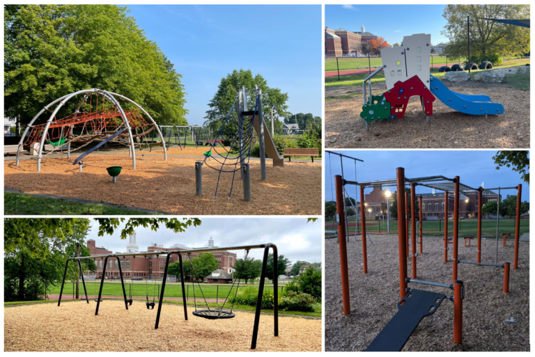 A collage of photos showing the many playground structures at Brown Street Park