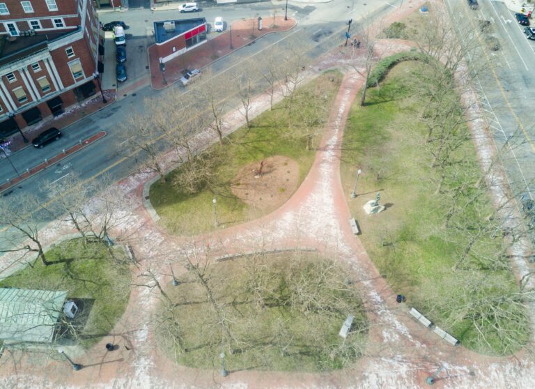 Birds eye view of walking paths and trees of Biltmore Park