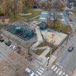 birds eye view photo of Billy Taylor park showing basketball courts and playground area