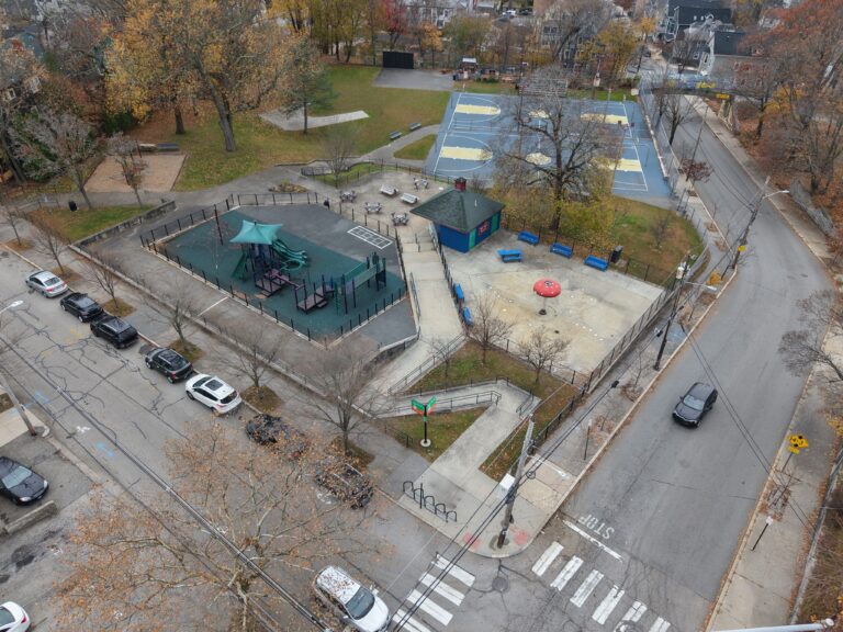 birds eye view photo of Billy Taylor park showing basketball courts and playground area