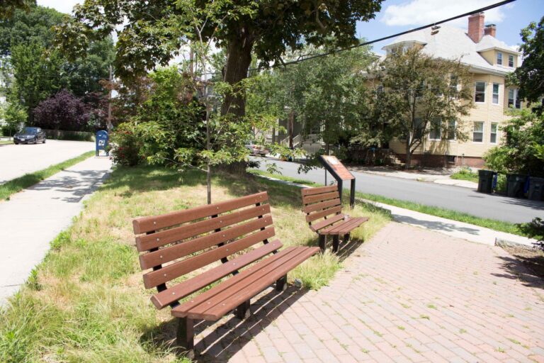 Photo of benches and seating areas at Fenner Square