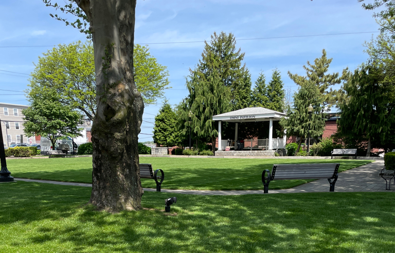 Photo showing seating, open grass area, and stage at Garibaldi Square