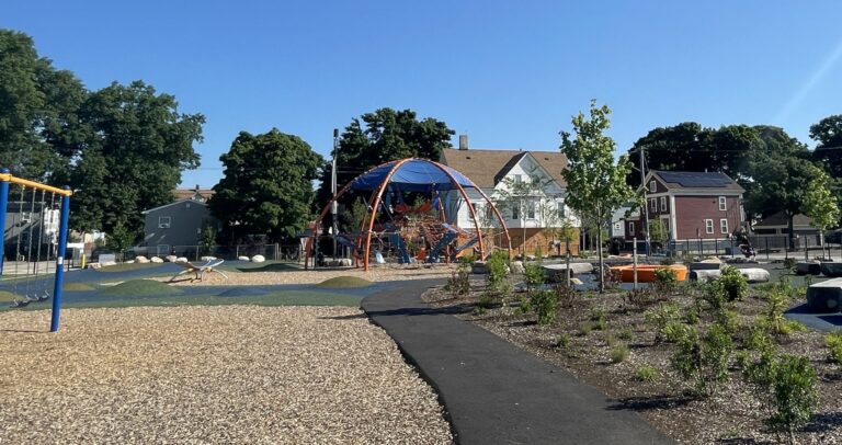Photo showing playground structures at Harriet & Sayles Park