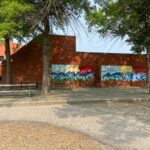 photo of murals on a wall next to a park