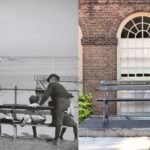 A collage showing a vintage photo on the left of a park bench with people sitting on it and a current day photo on the right with a statue sitting on a bench