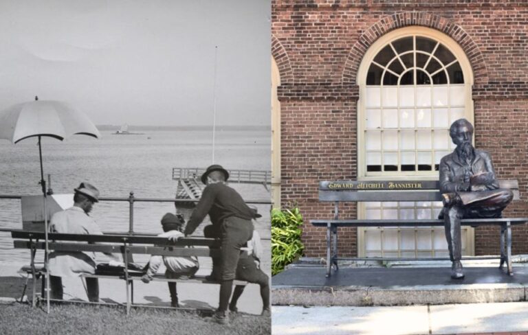 A collage showing a vintage photo on the left of a park bench with people sitting on it and a current day photo on the right with a statue sitting on a bench