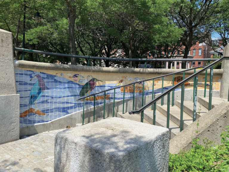 Photo showing stairs with a tile mural at Memorial Park