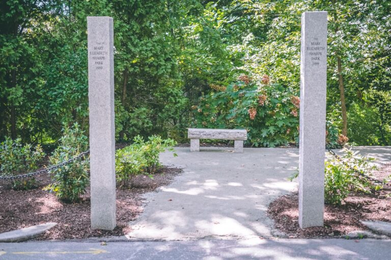 Mary E Sharpe Park handscaped entrance with granite bench