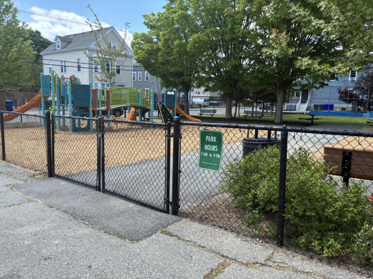 Pearl St Park view of play structure from sidewalk