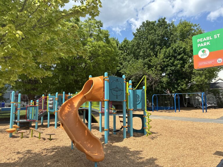 Pearl St Park entrance sign play structure for ages 5-12 and swings