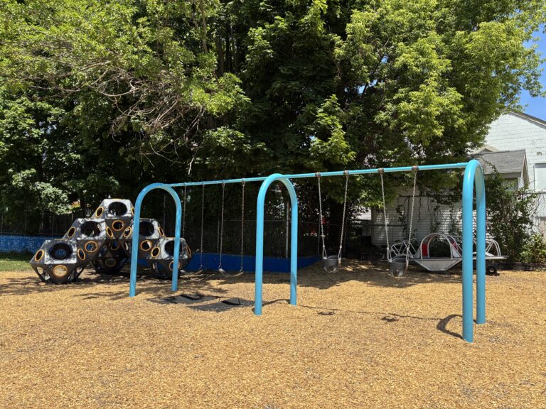 Pearl St Park Swings repainted 2026, block climber, and seesaw