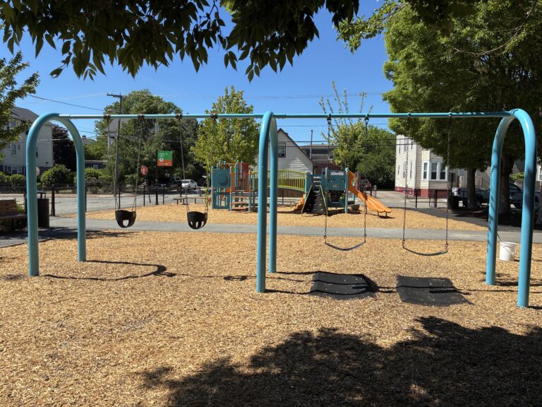 Pearl St Park swings for ages 2-12 looking south to the play structure