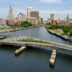 The Michael S. Van Leesten Bridge with the skyline of downtown providence
